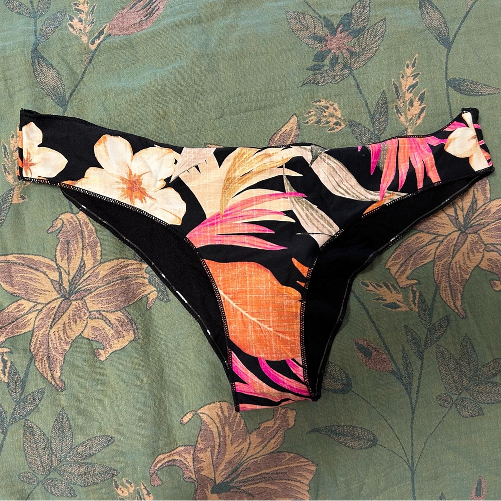 Rip Curl Black Floral Bikini Bottom with Pink & Orange Accents
